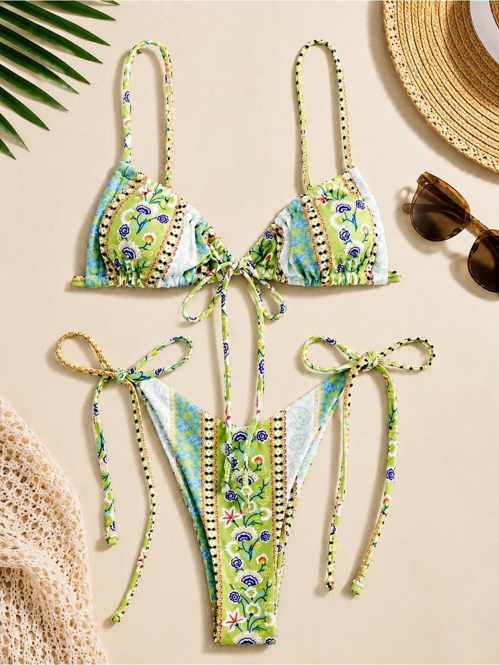 Green Ditsy Floral Print Tie Side Bikini Set